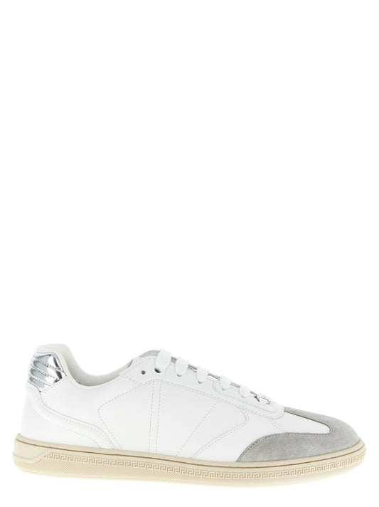 Sneakers by Versace for men in suede calfskin leather white presents a impeccable silhouette as Men's Low Top Suede Calfskin Leather Sneakers, expertly defined by a impeccable low-top style for a impeccable, high-fashion look.