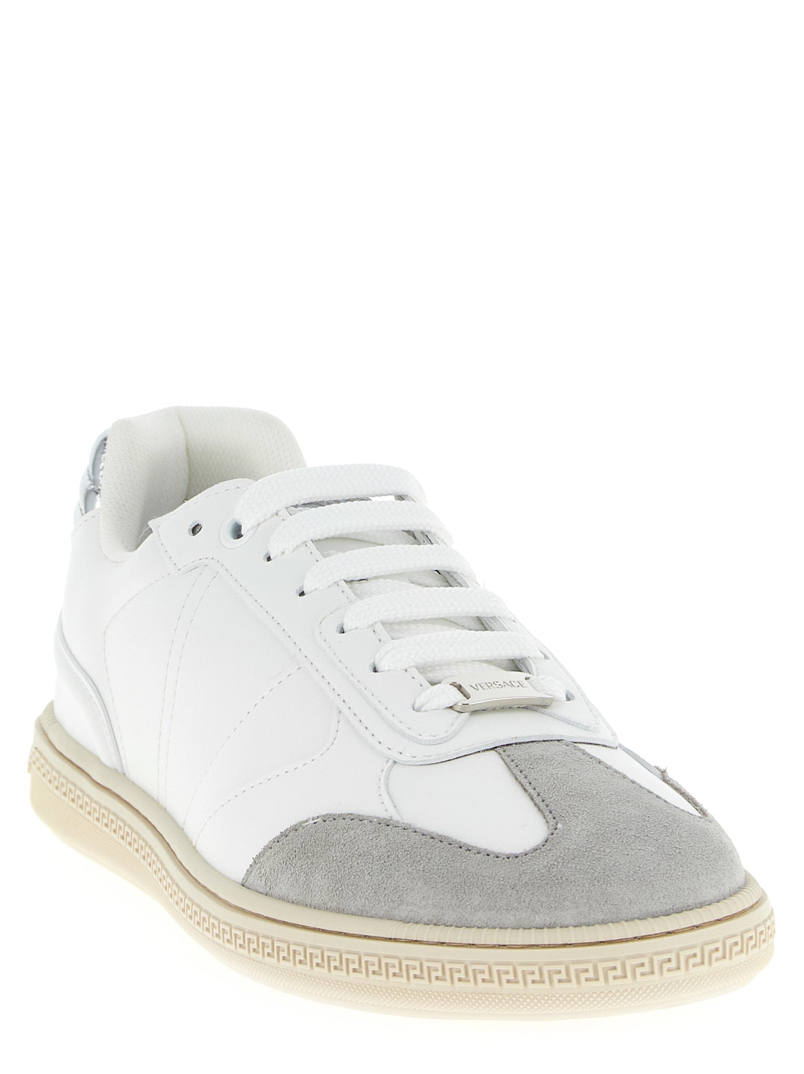 Sneakers by Versace for men in suede calfskin leather white features an fashionable silhouette, showcasing the premium Men's Low Top Suede Calfskin Leather Sneakers in a fashionable low-top style that offers a fashionable finish for refined style.