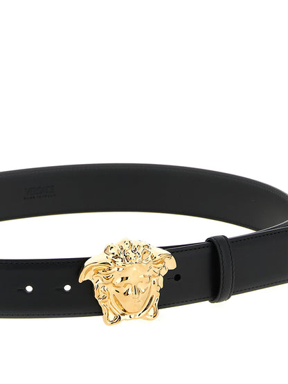 Belt by Versace for men in bos taurus calfskin leather black & gold features a versatile silhouette, artfully showcasing the versatile design of the Medusa Bos Taurus Calfskin Leather Belt for a sophisticated, premium finish.
