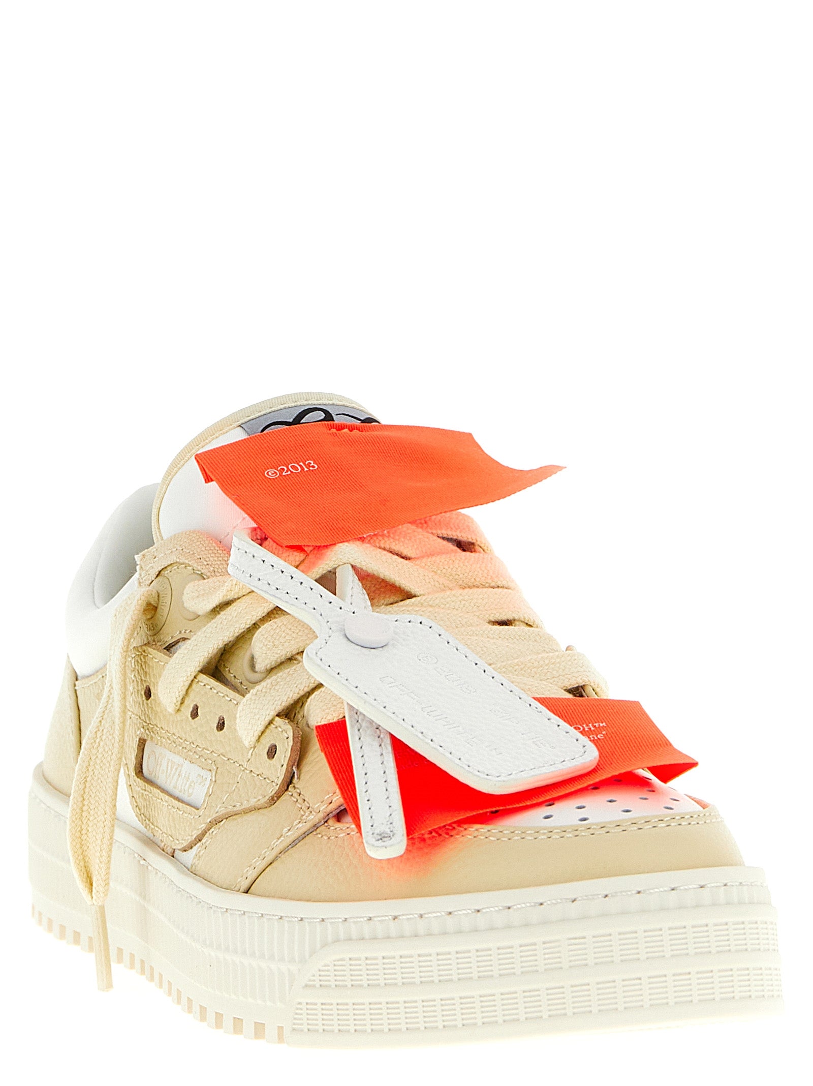 Sneakers by Off-White for women in polyester rubber leather beige & white features a chic design, perfectly showcasing the chic low-top style of this Women's Low Top Polyester Rubber Leather Sneakers.