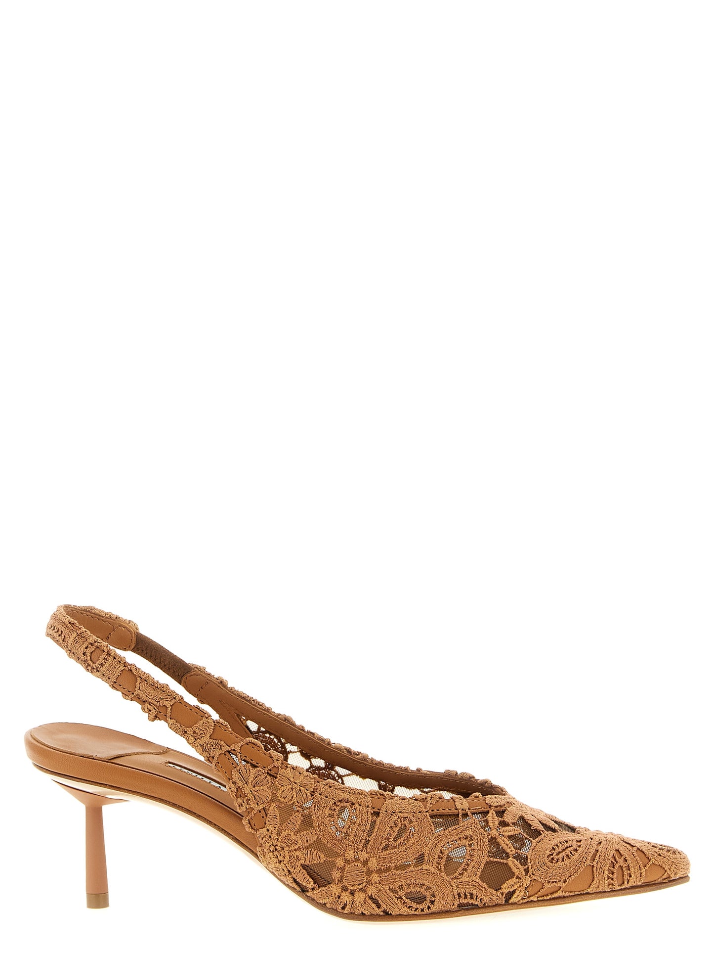 Mid-Heel Slingback Pumps Heels by LE SILLA for women in polyamide leather & cotton and brown showcases a effortlessly elegant silhouette as Women's Polyamide Leather & Cotton Mid-Heel Slingback Pumps Heels, featuring a effortlessly elegant mid-heel and a effortlessly elegant pointed toe style for an elegant look.