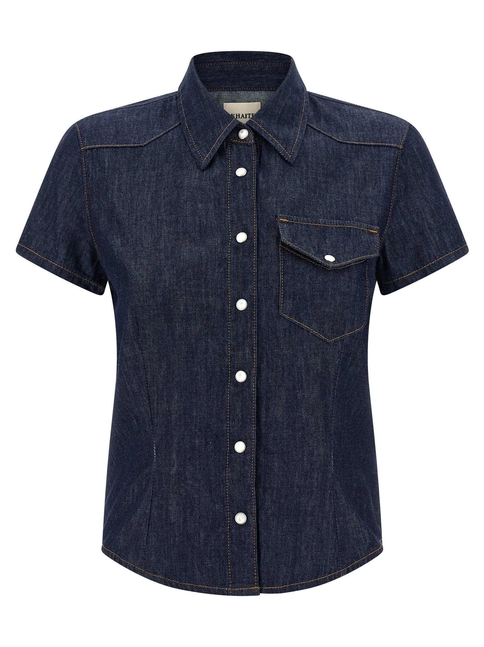 Blouse by Khaite for women in denim cotton blue showcases a sublime silhouette, artfully detailed with a sublime and short-sleeve for a sophisticated, sublime finish.