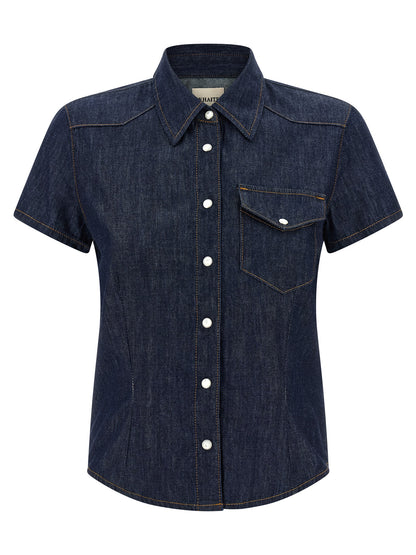 Blouse by Khaite for women in denim cotton blue showcases a sublime silhouette, artfully detailed with a sublime and short-sleeve for a sophisticated, sublime finish.
