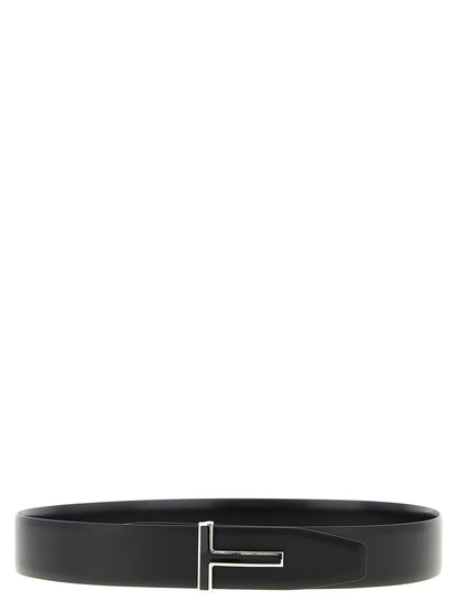Belt by Tom Ford for men in calfskin leather black features an artisanal finish, elegantly showcasing the signature style and artisanal craftsmanship of the Calfskin Leather Belt design.