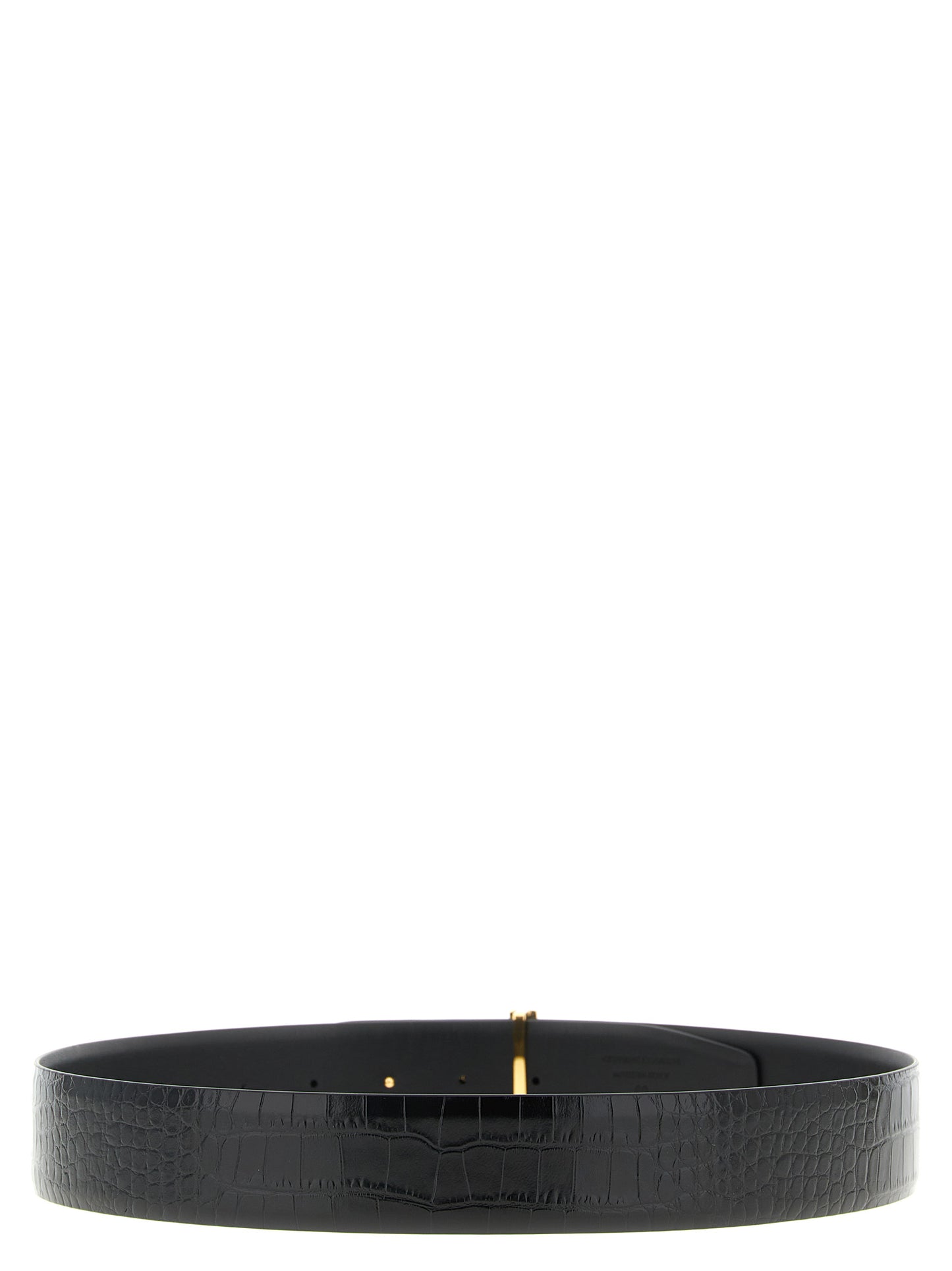 Belt by Tom Ford for men in crocodile calfskin leather black features an artisanal finish, elegantly showcasing the signature style and artisanal craftsmanship of the Crocodile Calfskin Leather Belt design.