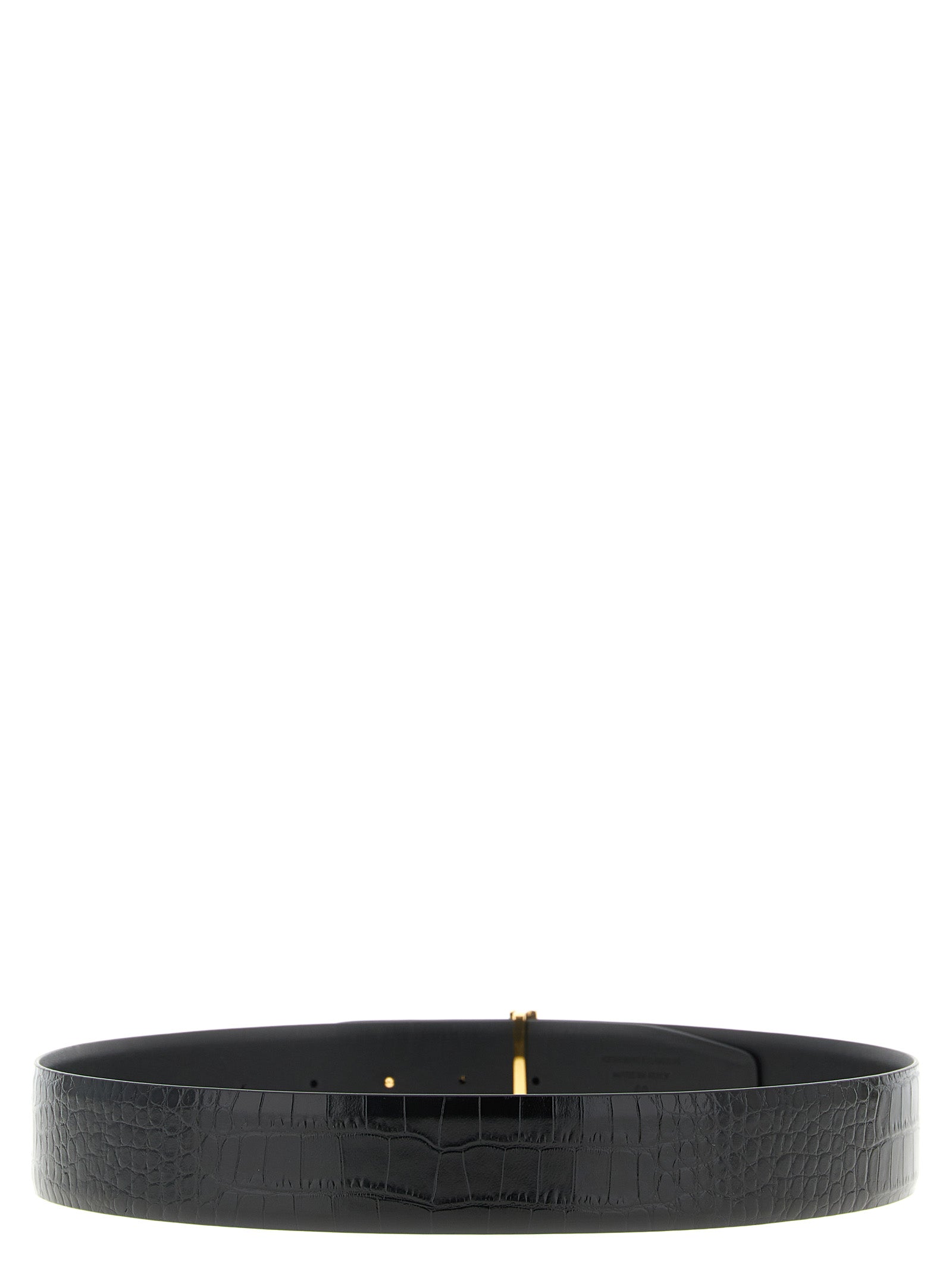 Belt by Tom Ford for men in crocodile calfskin leather black features an artisanal finish, elegantly showcasing the signature style and artisanal craftsmanship of the Crocodile Calfskin Leather Belt design.