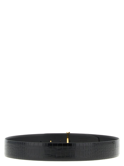 Belt by Tom Ford for men in crocodile calfskin leather black features an artisanal finish, elegantly showcasing the signature style and artisanal craftsmanship of the Crocodile Calfskin Leather Belt design.