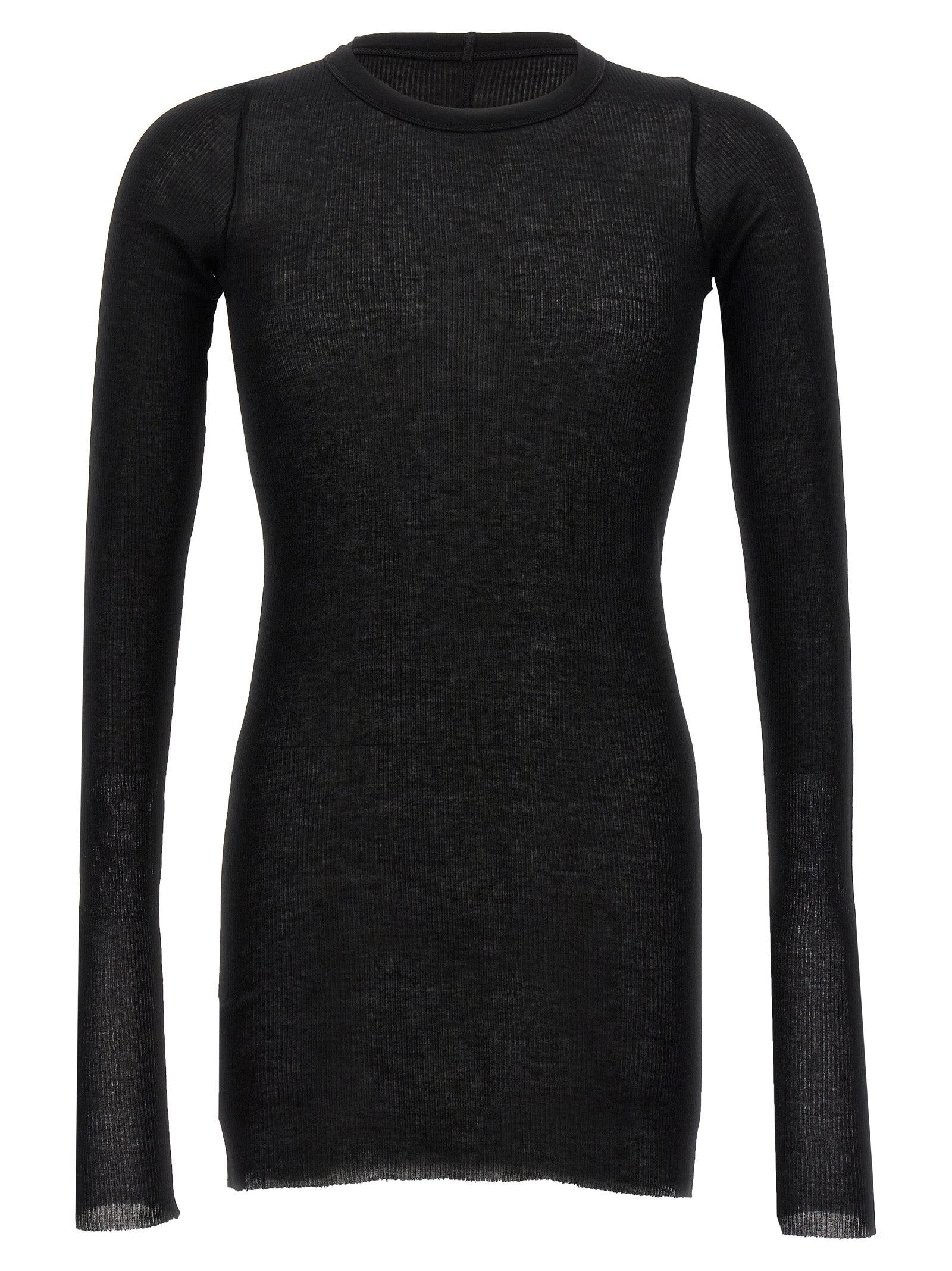 T-Shirt by Rick Owens for men in silk & viscose black showcases a fashionable silhouette, elegantly detailed with a fashionable long-sleeve and crew neckline for a sophisticated, high-fashion look.