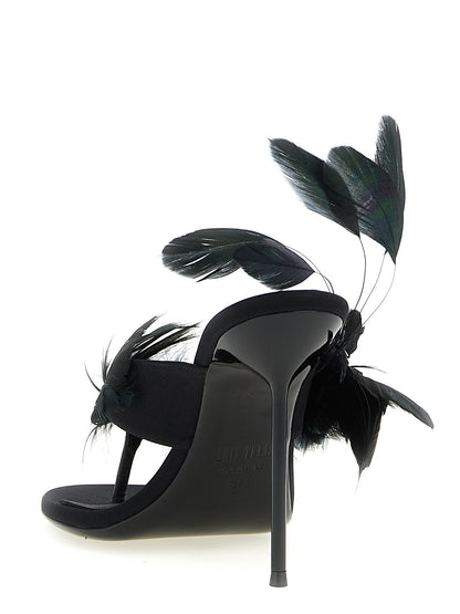 Paris Texas Lidia Women's Silk Satin & Leather Stiletto Flip-Flop Mules Thong Sandals - Black Herringbone