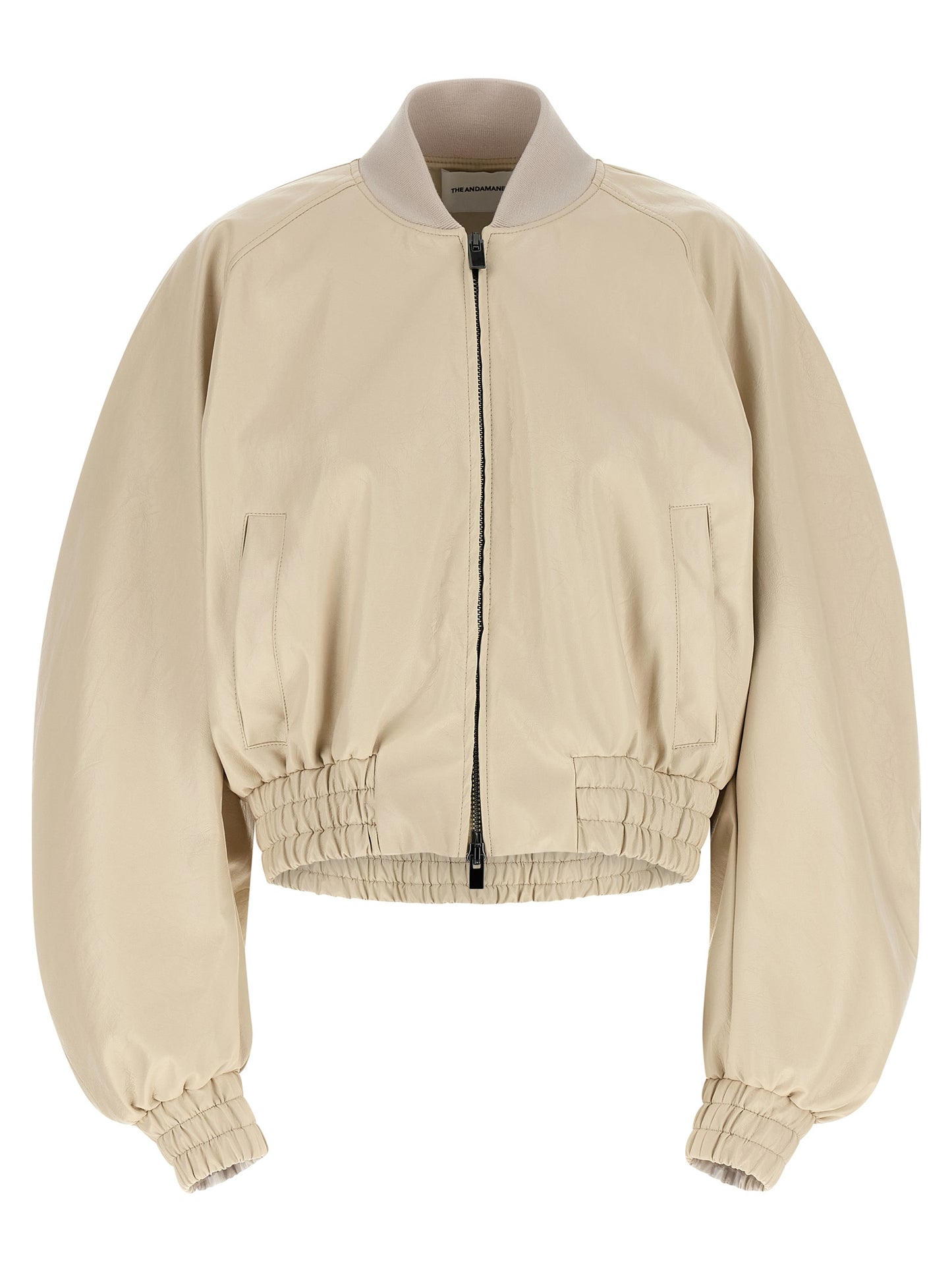 Bomber Jacket by The Andamane for women in polyester polyamide polyurethane leather & cotton beige features an contemporary silhouette, showcasing a sophisticated high-neck neckline and contemporary pockets for a truly refined look.
