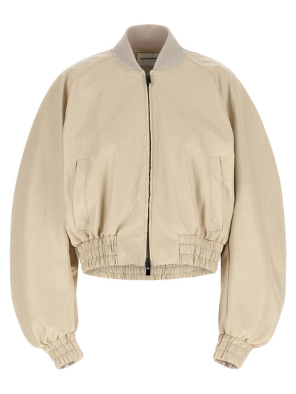 Bomber Jacket by The Andamane for women in polyester polyamide polyurethane leather & cotton beige features an contemporary silhouette, showcasing a sophisticated high-neck neckline and contemporary pockets for a truly refined look.