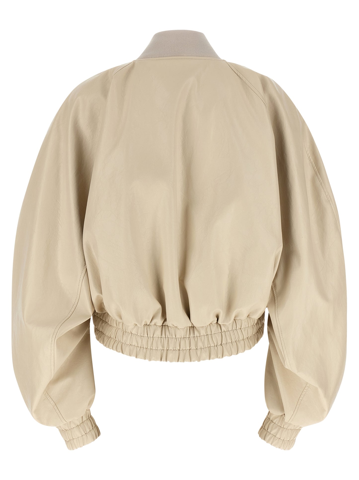 Bomber Jacket by The Andamane for women in polyester polyamide polyurethane leather & cotton beige showcases a bohemian silhouette, artfully detailed with a bohemian high-neck neckline and signature pockets for a truly bohemian finish.