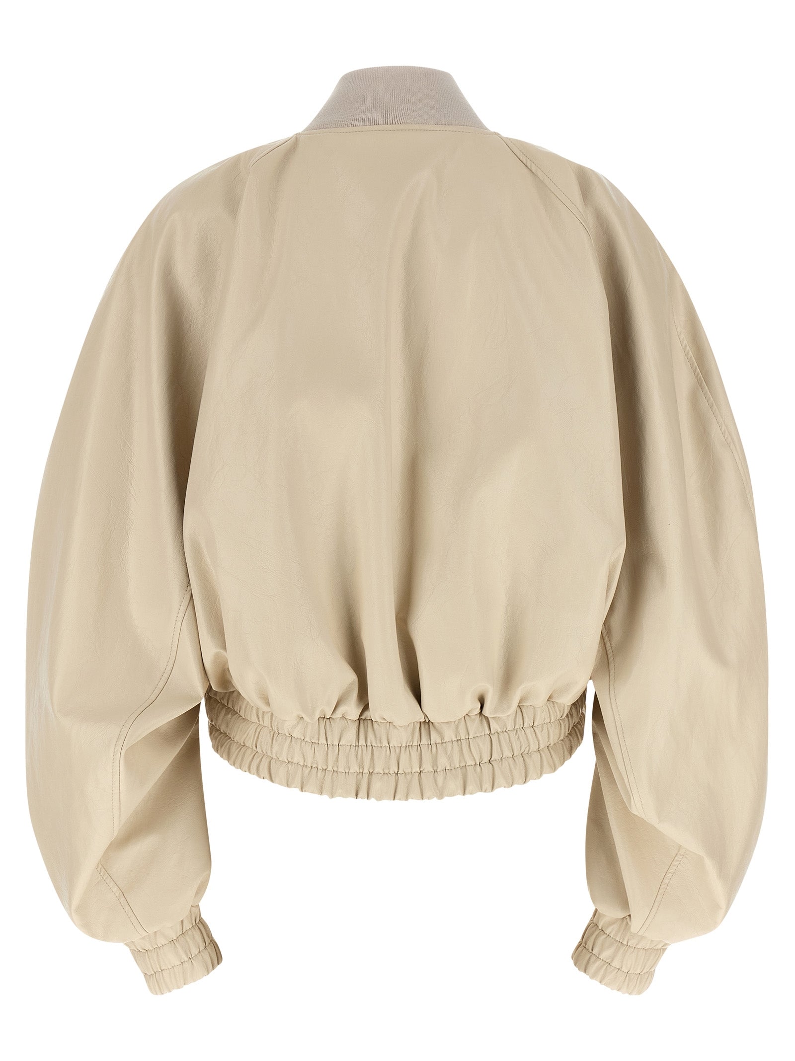 Bomber Jacket by The Andamane for women in polyester polyamide polyurethane leather & cotton beige showcases a bohemian silhouette, artfully detailed with a bohemian high-neck neckline and signature pockets for a truly bohemian finish.