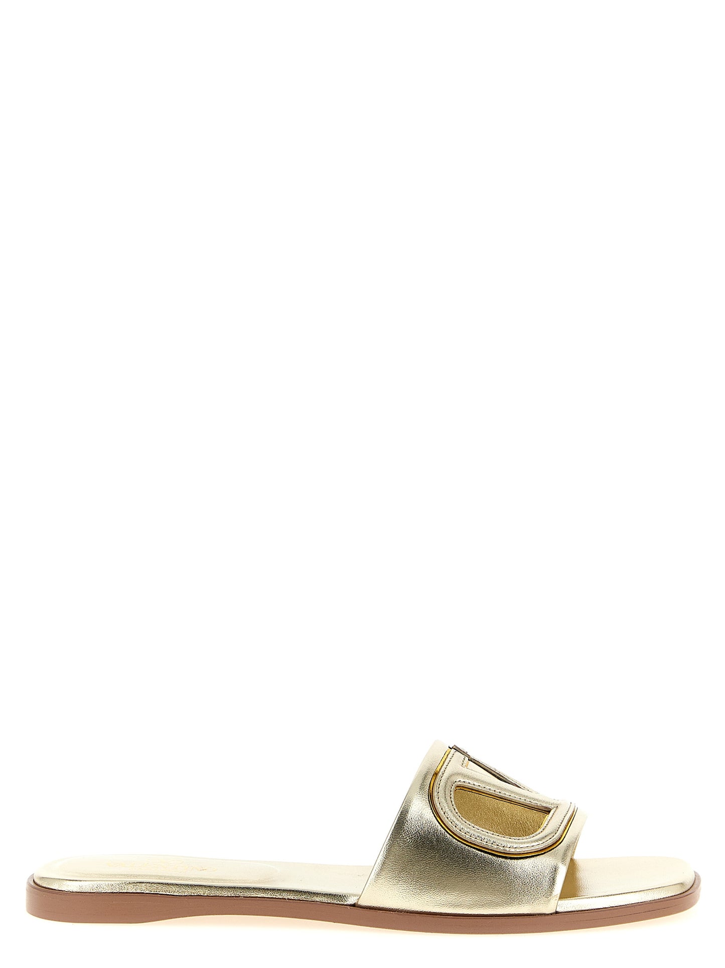 Valentino Garavani V Logo Women's Calfskin Leather Sliders Flat Shoes - Gold Signature