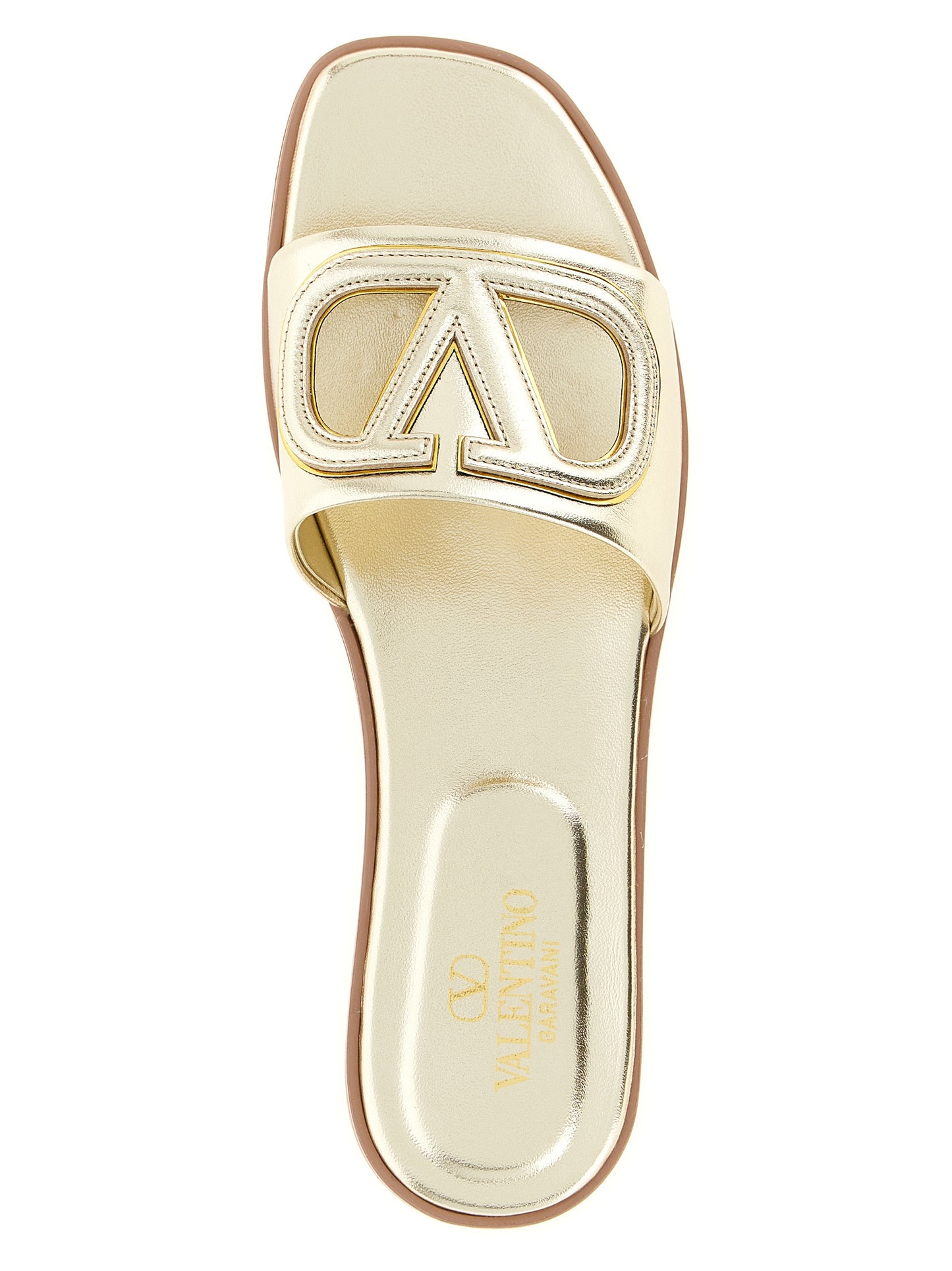 Valentino Garavani V Logo Women's Calfskin Leather Sliders Flat Shoes - Gold Signature