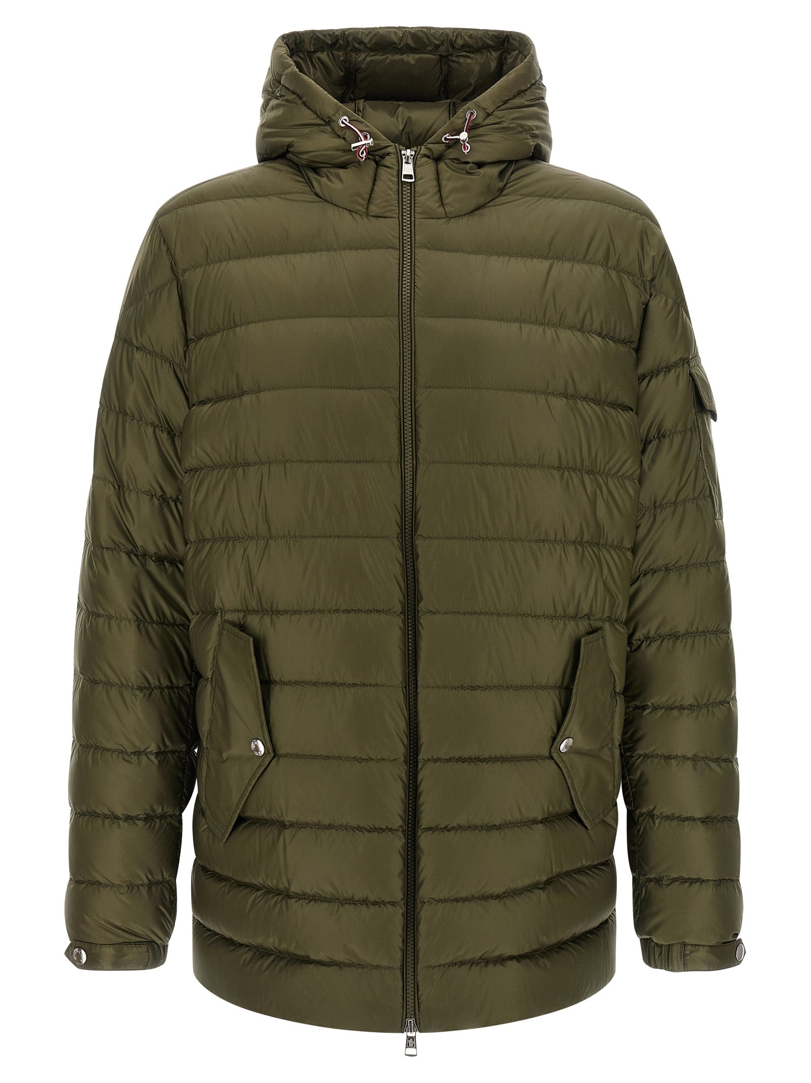Hooded Parka by Moncler for men in plush polyamide felt bicolour, green & signature features a stylish silhouette, meticulously detailed with a sophisticated hooded high-neck neckline and functional hooded for a stylish finish.