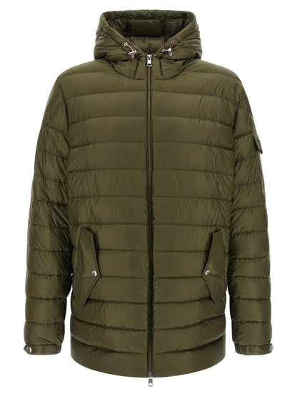 Hooded Parka by Moncler for men in plush polyamide felt bicolour, green & signature features a stylish silhouette, meticulously detailed with a sophisticated hooded high-neck neckline and functional hooded for a stylish finish.