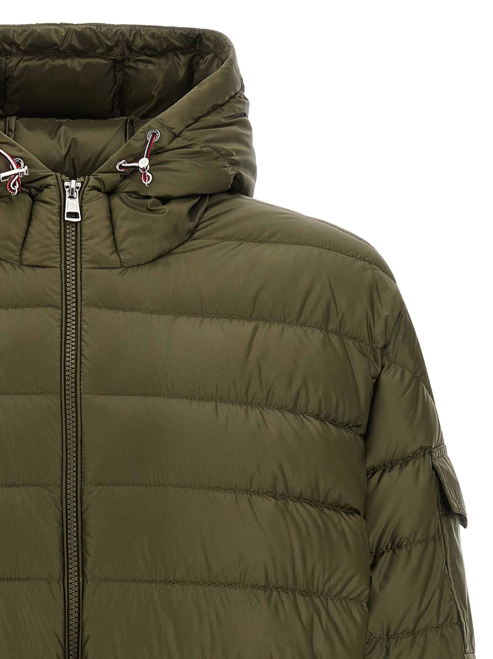 Hooded Parka by Moncler for men in plush polyamide felt bicolour, green & signature, presenting a cosy silhouette with distinctive hooded and a refined hooded high-neck neckline.