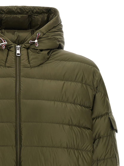 Hooded Parka by Moncler for men in plush polyamide felt bicolour, green & signature, presenting a cosy silhouette with distinctive hooded and a refined hooded high-neck neckline.