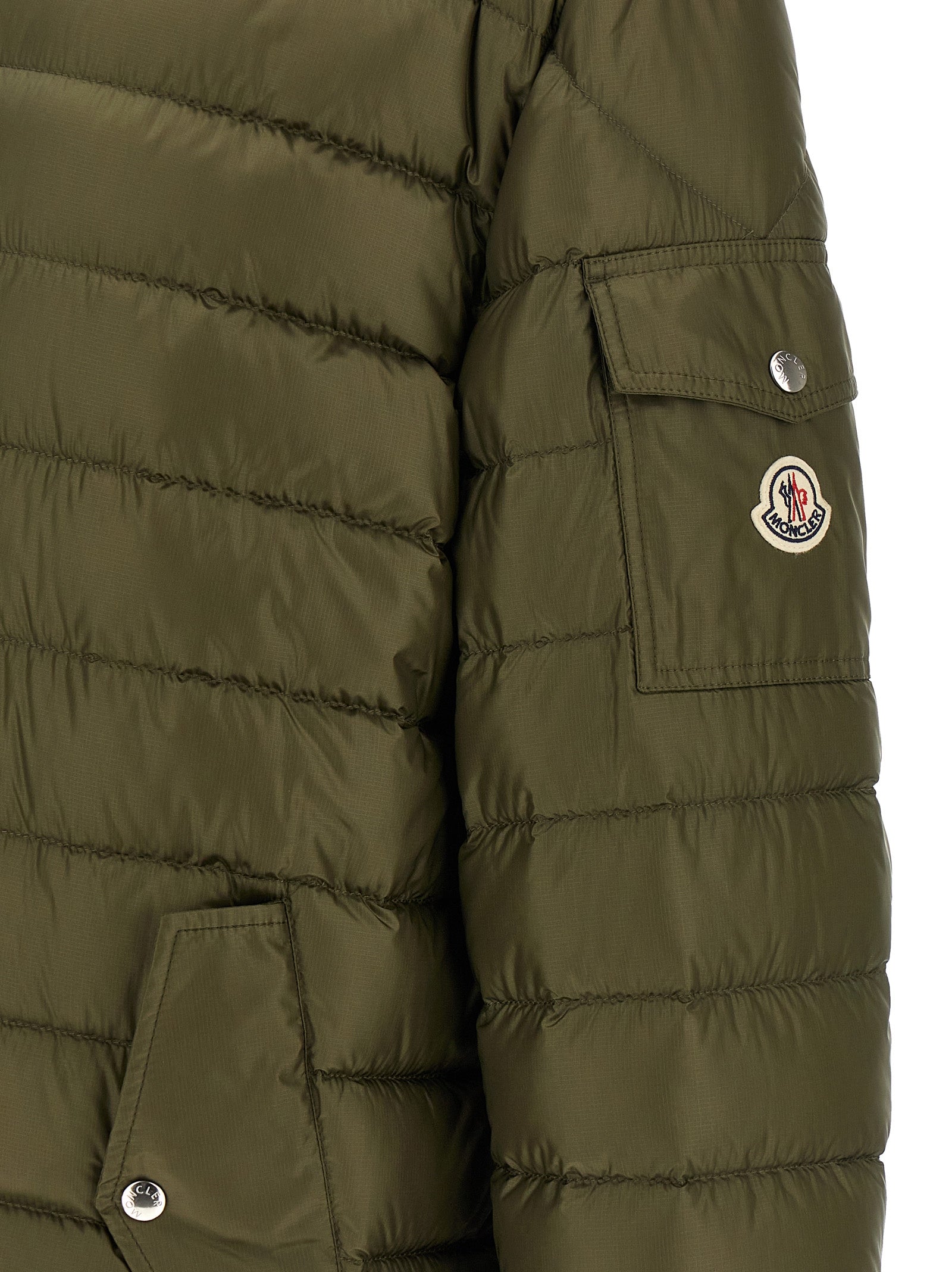 Hooded Parka by Moncler for men in plush polyamide felt bicolour, green & signature features a stylish silhouette, meticulously detailed with a sophisticated and functional hooded for a stylish finish.
