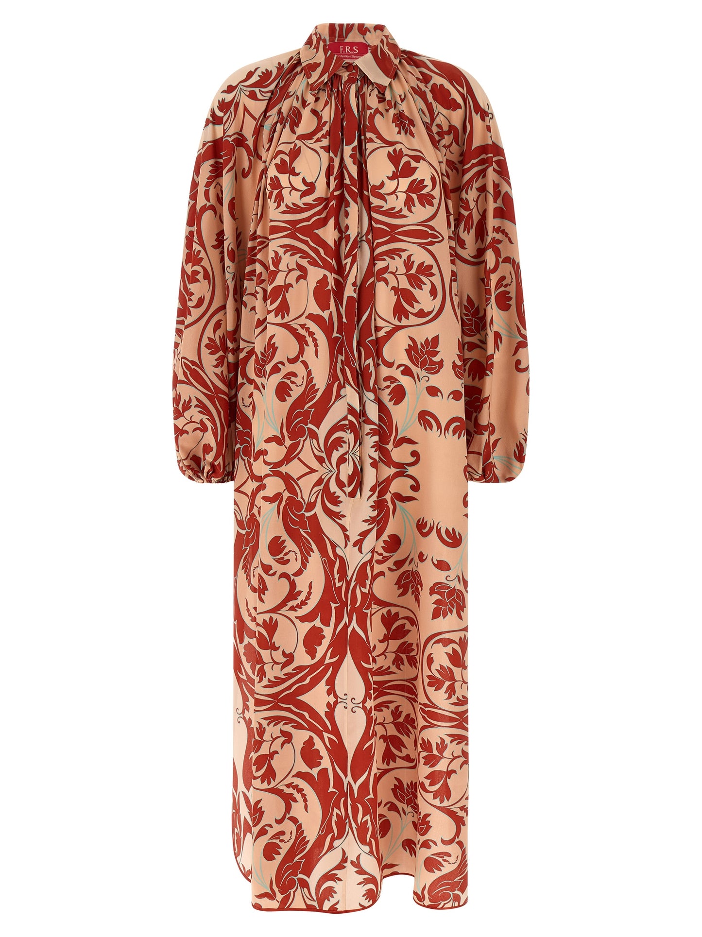 Dress by F.R.S. - FOR RESTLESS SLEEPERS for women in silk crepe satin multicolor, pink & print features an eye catching silhouette with a sophisticated , elegant , and a refined maxi long for a eye catching aesthetic.