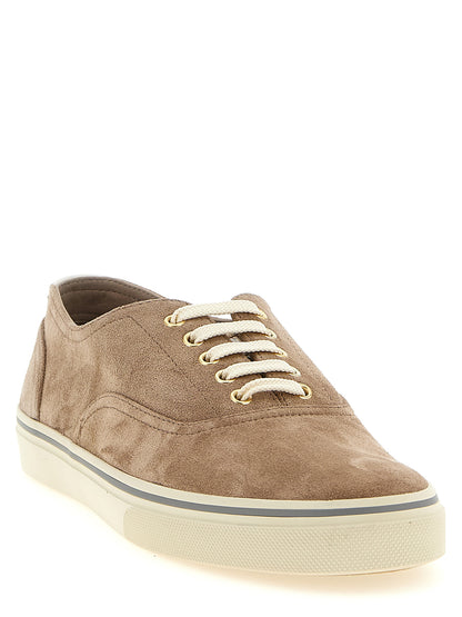 Sneakers by Brunello Cucinelli for men in calfskin leather beige features an versatile design from the Aren Men's Low Top Calfskin Leather Sneakers collection, highlighting a versatile low-top style for a premium, high-fashion look.