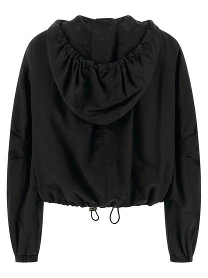 Hooded Bomber Jacket by The Attico for women in polyester & nylon black showcases a bohemian silhouette, artfully detailed with a bohemian hooded neckline and signature pockets & hooded for a truly bohemian finish.