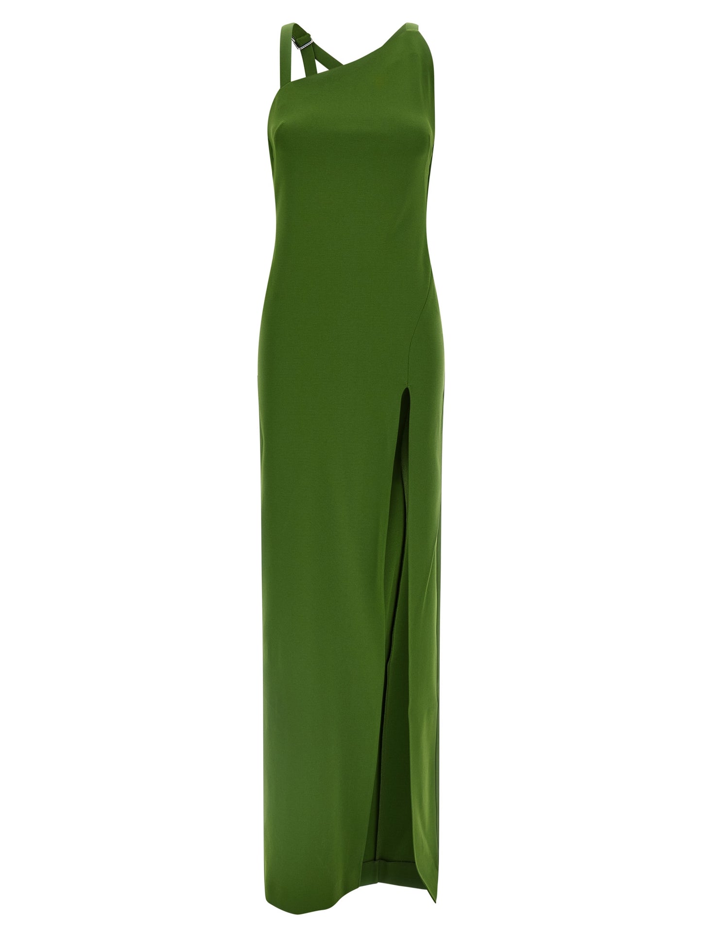 Dress by The Attico for women in polyamide silk viscose bicolour & green features a dramatic silhouette, showcasing an elegant split neckline and sleeveless that flows into a dramatic long.
