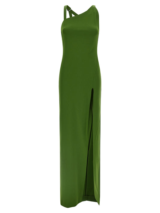 Dress by The Attico for women in polyamide silk viscose bicolour & green features a dramatic silhouette, showcasing an elegant split neckline and sleeveless that flows into a dramatic long.