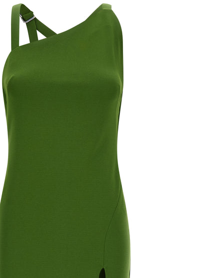 Dress by The Attico for women in polyamide silk viscose bicolour & green features an sultry silhouette defined by a split neckline and , falling to an sultry long for a sultry look.