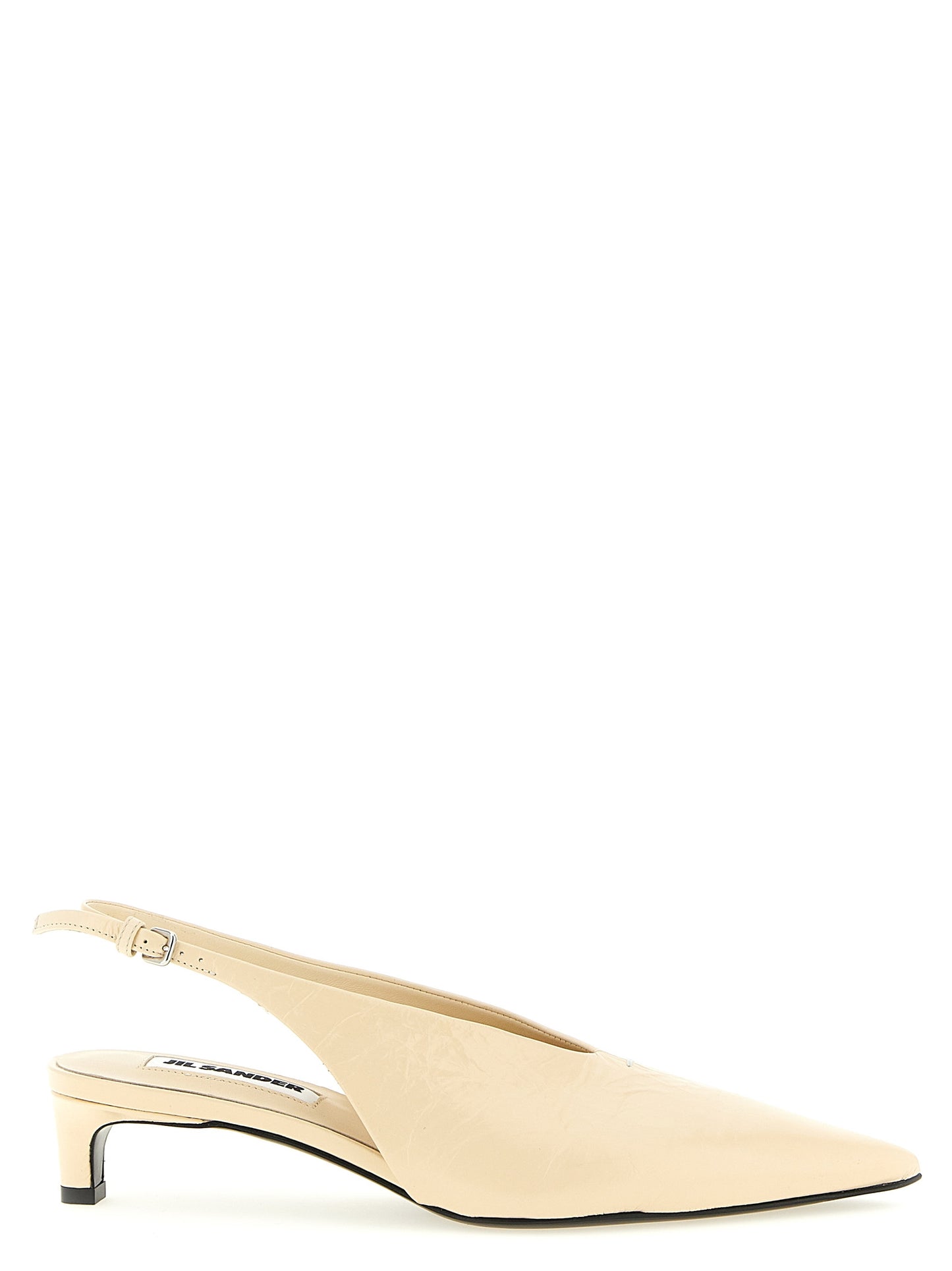 Low-Heel Mid-Heel Slingback Pumps Heels by Jil Sander for women in calfskin leather beige features an captivating silhouette, showcasing the elegant Women's Calfskin Leather Low-Heel Mid-Heel Slingback Pumps Heels design with a low-heel mid-heel and a sophisticated pointed toe style.