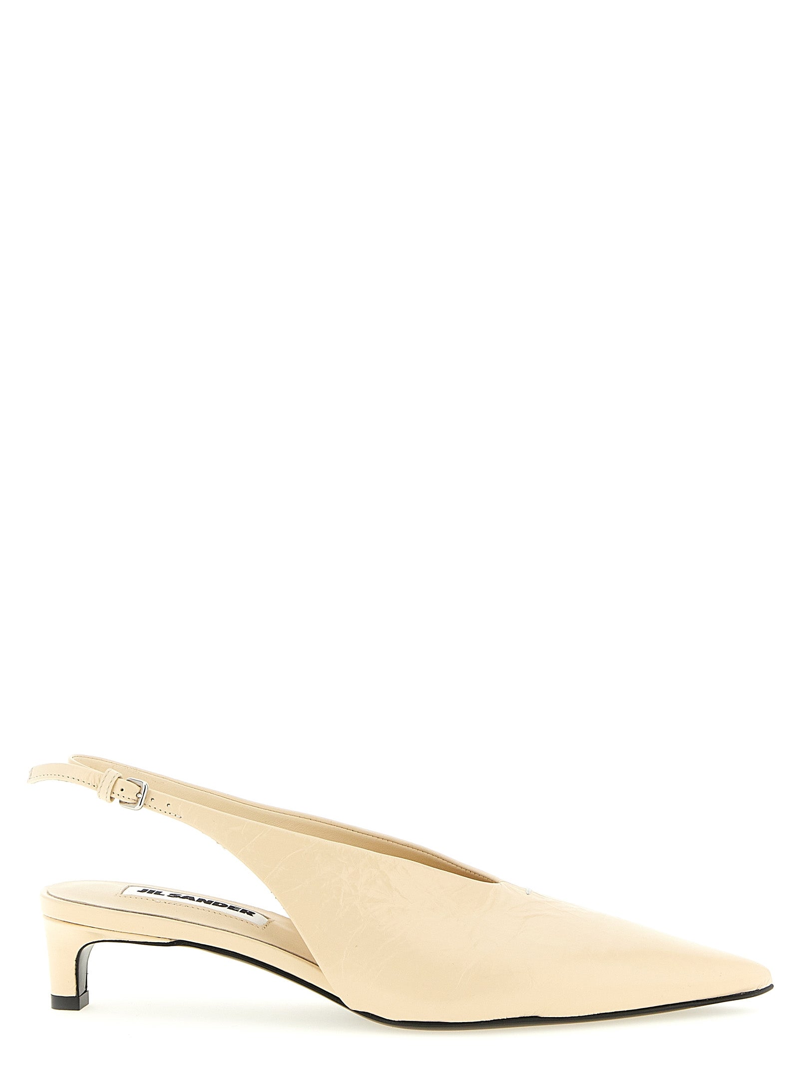 Low-Heel Mid-Heel Slingback Pumps Heels by Jil Sander for women in calfskin leather beige features an captivating silhouette, showcasing the elegant Women's Calfskin Leather Low-Heel Mid-Heel Slingback Pumps Heels design with a low-heel mid-heel and a sophisticated pointed toe style.