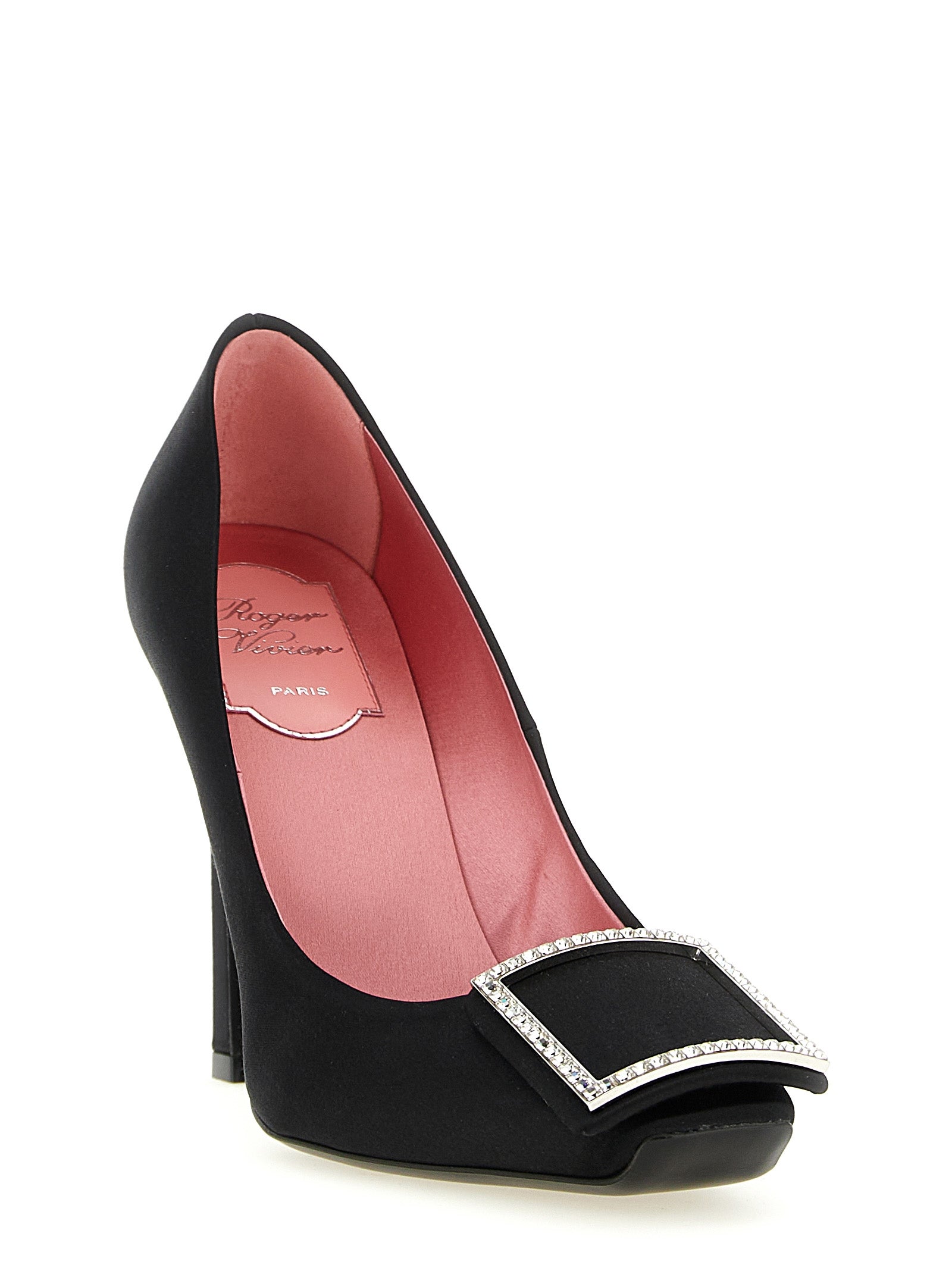 High-Heel Pumps Heels by Roger Vivier for women in silk satin viscose & leather black & signature showcases a exquisite silhouette, perfectly accentuating Women's Silk Satin Viscose & Leather High-Heel Pumps Heels with a exquisite high-heel and exquisite square toe style.