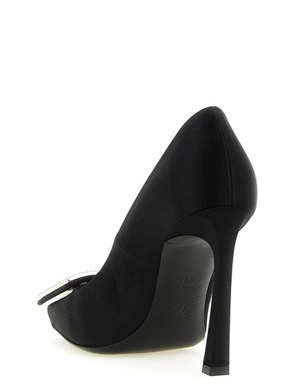 High-Heel Pumps Heels by Roger Vivier for women in silk satin viscose & leather black & signature features a effortlessly chic Women's Silk Satin Viscose & Leather High-Heel Pumps Heels design with a sophisticated high-heel and elegant square toe style.