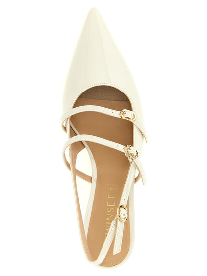 Mid-Heel Stiletto Slingback Pumps Heels by Twinset for women in polyethylene polyurethane faux patent leather white features a effortless chic silhouette, showcasing the Women's Polyethylene Polyurethane Faux Patent Leather Mid-Heel Stiletto Slingback Pumps Heels design with a effortless chic stiletto mid-heel and pointed toe style for a effortless chic finish.