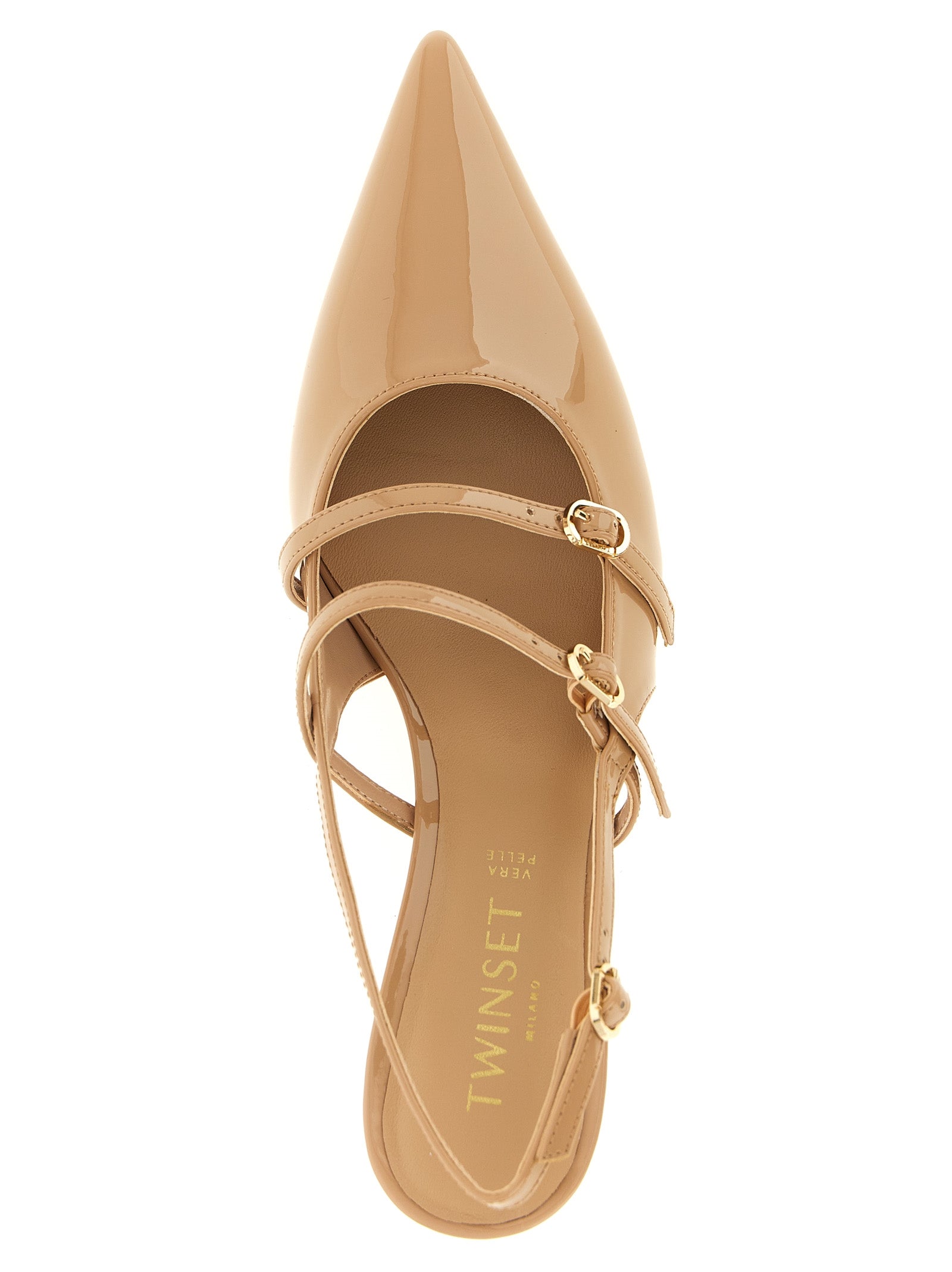 Mid-Heel Stiletto Slingback Pumps Heels by Twinset for women in polyethylene polyurethane faux patent leather beige features a effortless chic silhouette, showcasing the Women's Polyethylene Polyurethane Faux Patent Leather Mid-Heel Stiletto Slingback Pumps Heels design with a effortless chic stiletto mid-heel and pointed toe style for a effortless chic finish.