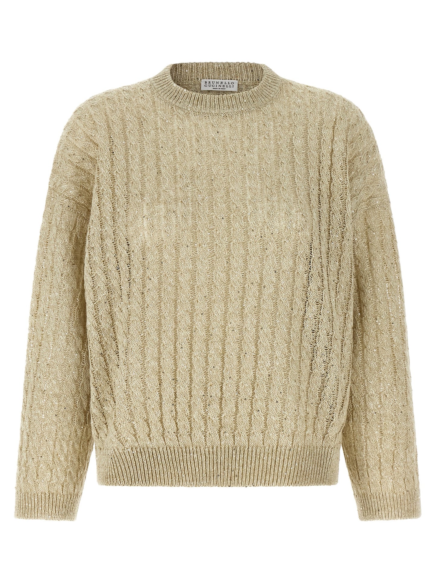 Cardigan by Brunello Cucinelli for women in linen nylon & sequins beige showcases a captivating silhouette, artfully detailed with a captivating and crew neckline for a truly sophisticated captivating look.