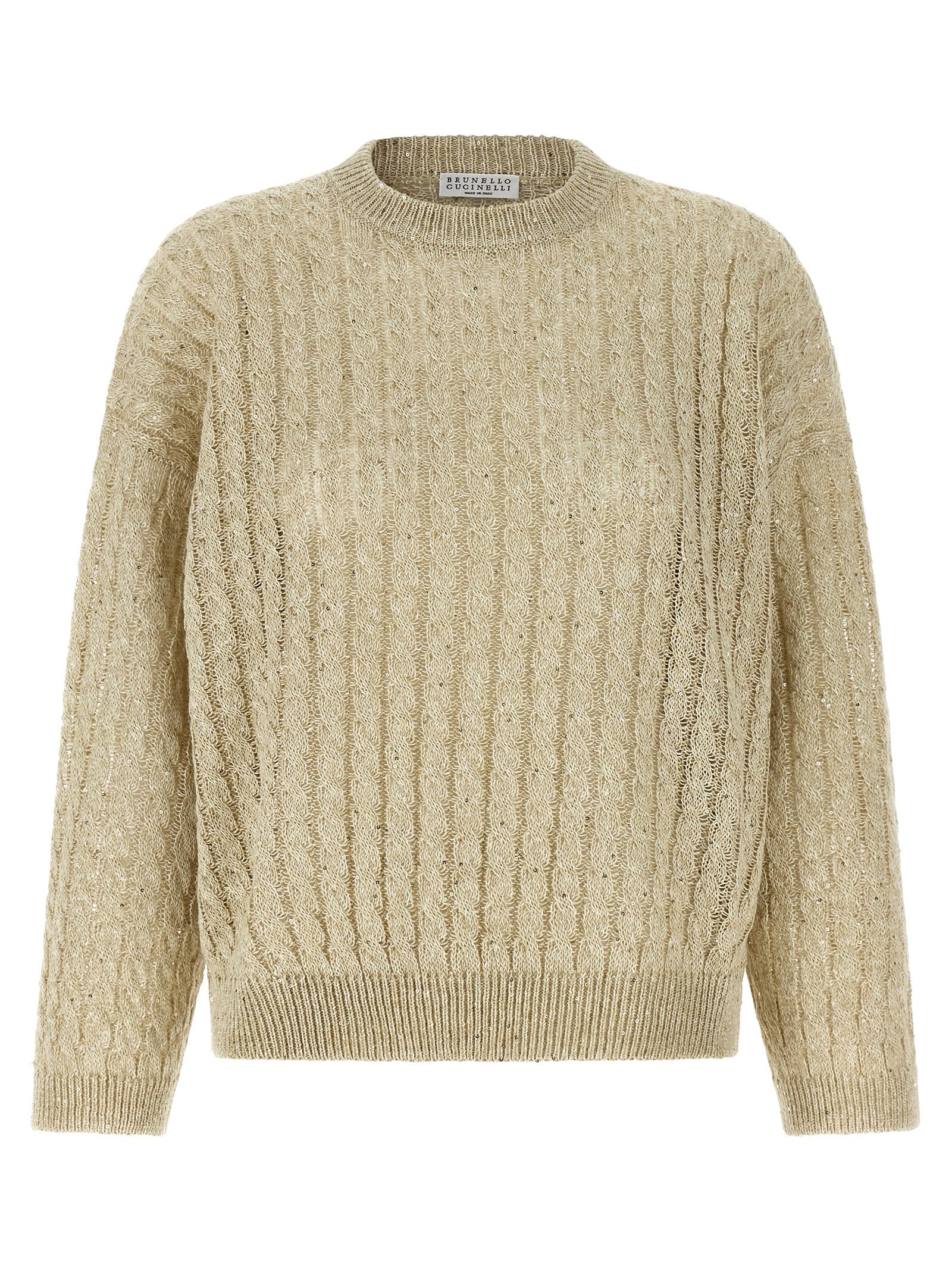 Cardigan by Brunello Cucinelli for women in linen nylon & sequins beige showcases a captivating silhouette, artfully detailed with a captivating and crew neckline for a truly sophisticated captivating look.