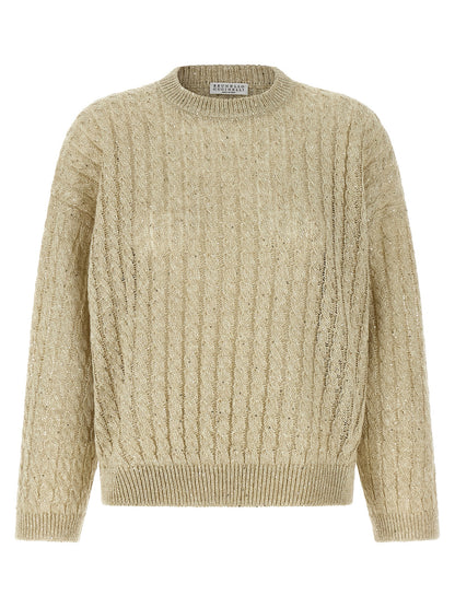 Cardigan by Brunello Cucinelli for women in linen nylon & sequins beige showcases a captivating silhouette, artfully detailed with a captivating and crew neckline for a truly sophisticated captivating look.