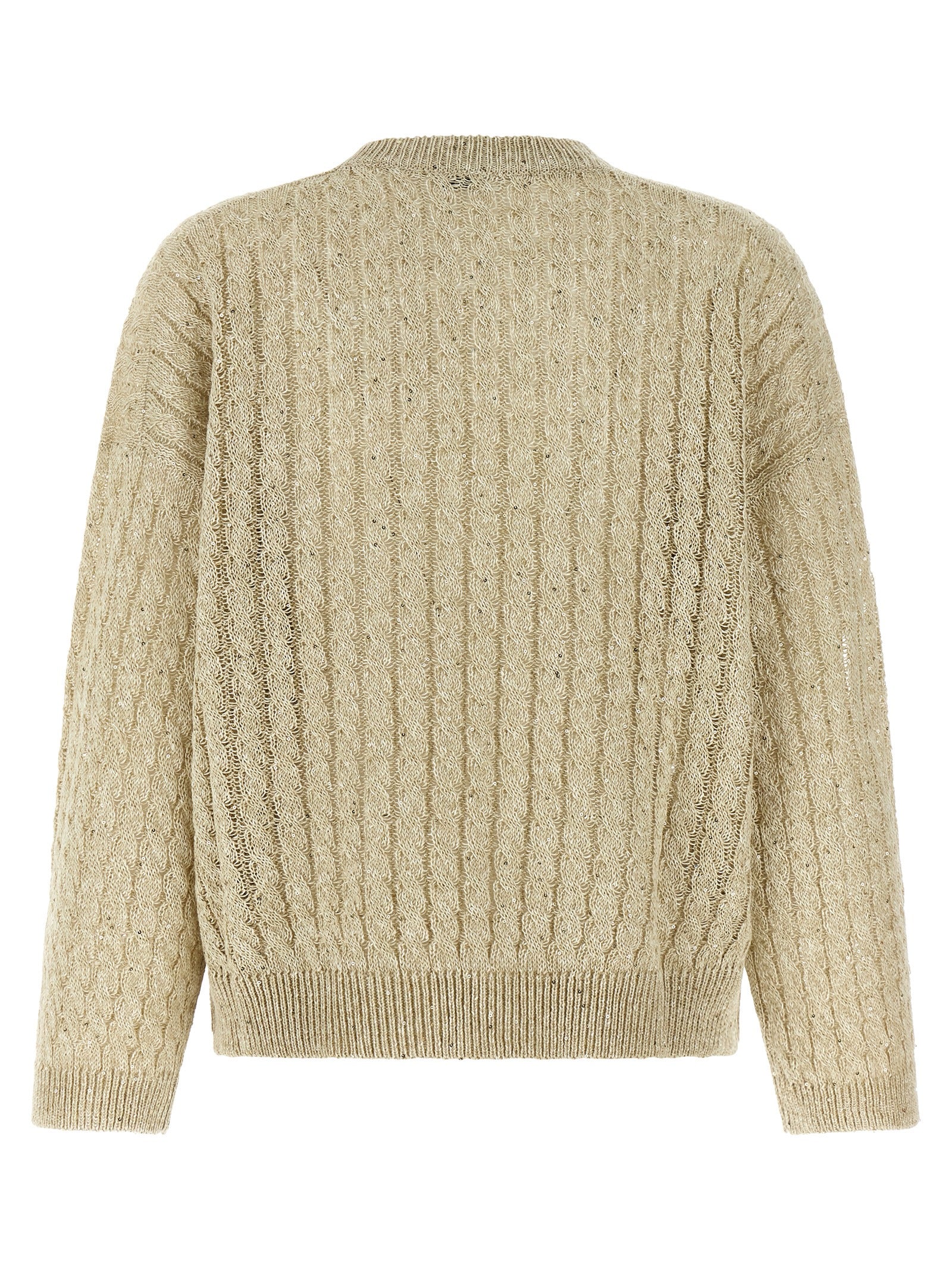Cardigan by Brunello Cucinelli for women in linen nylon & sequins beige showcases a luxurious silhouette, meticulously detailed with a sophisticated crew neckline and for a refined finish.