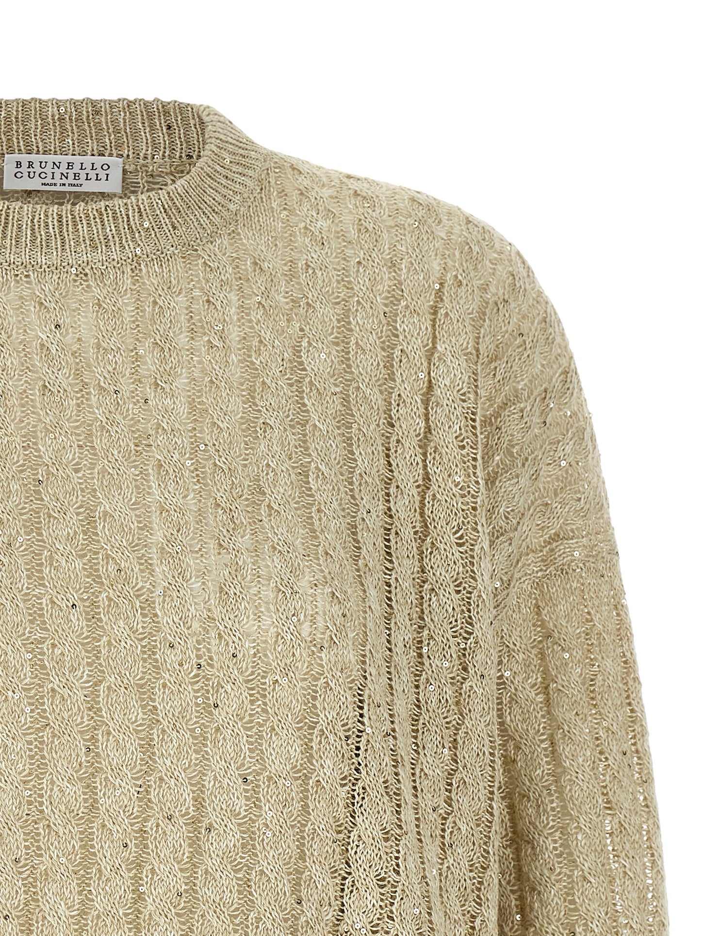 Cardigan by Brunello Cucinelli for women in linen nylon & sequins beige features an crisp silhouette, showcasing a sophisticated crew neckline and detail for a truly crisp finish.