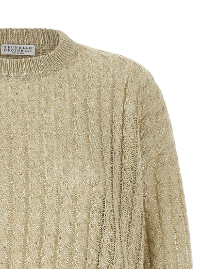 Cardigan by Brunello Cucinelli for women in linen nylon & sequins beige features an crisp silhouette, showcasing a sophisticated crew neckline and detail for a truly crisp finish.
