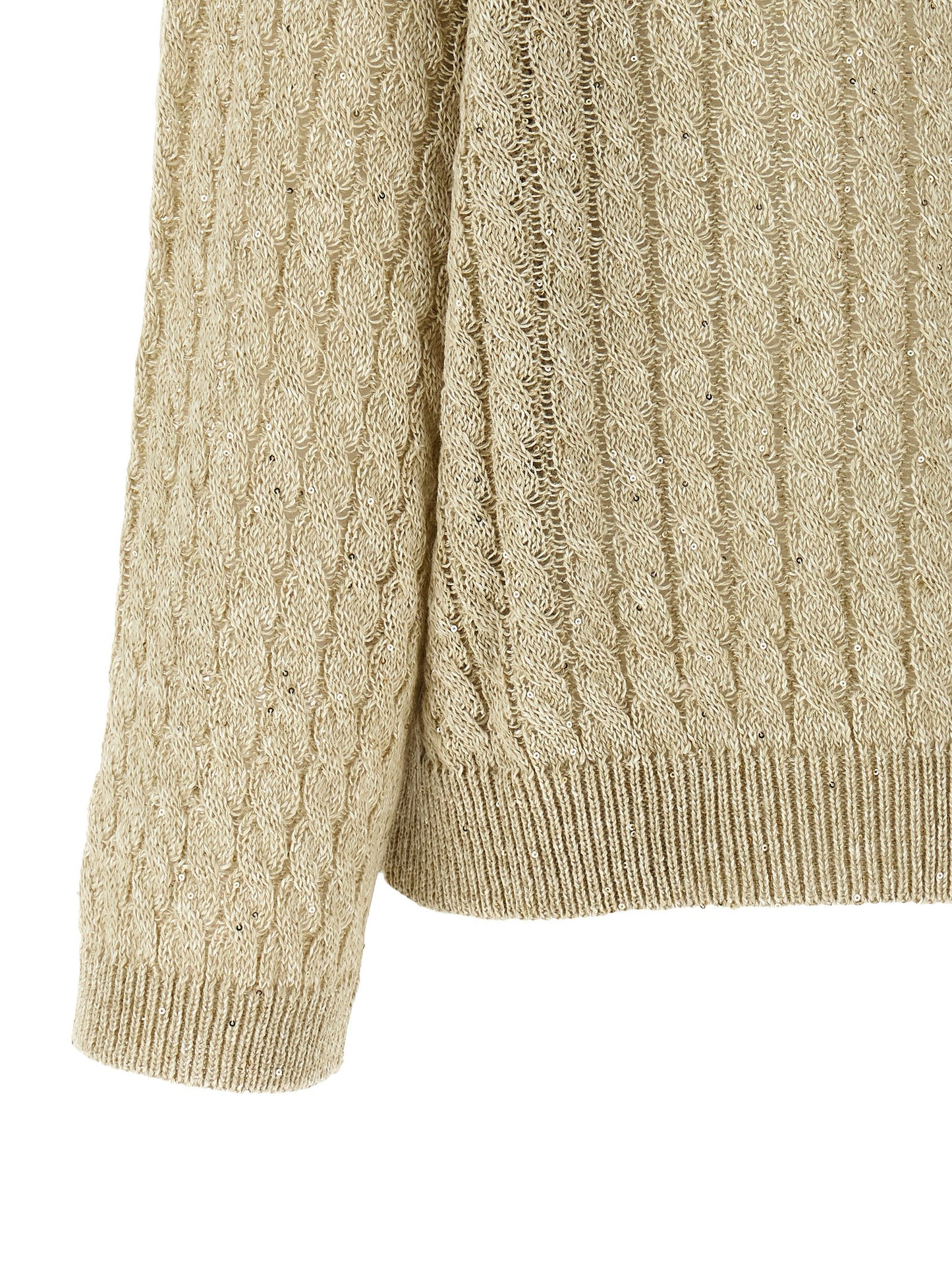 Cardigan by Brunello Cucinelli for women in linen nylon & sequins beige presents a textural silhouette, artfully finished with a textural and for a sophisticated, textural look.