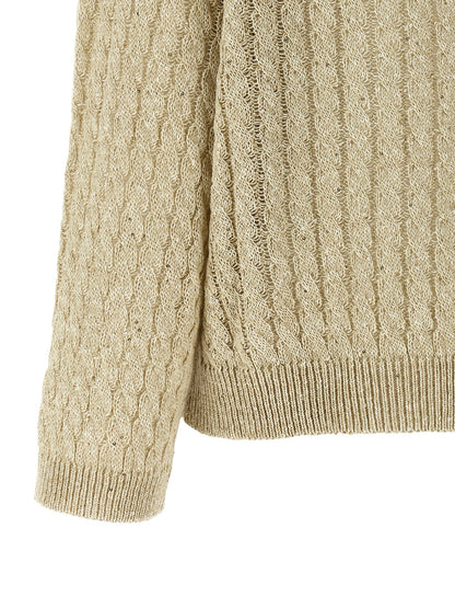 Cardigan by Brunello Cucinelli for women in linen nylon & sequins beige presents a textural silhouette, artfully finished with a textural and for a sophisticated, textural look.