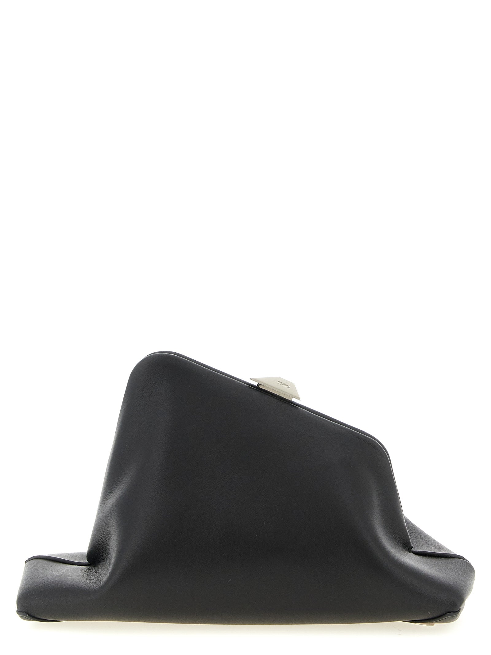 Small Evening Clutch Handbag by The Attico for women in calfskin leather black features an sculptural silhouette, showcasing a secure snap and sculptural with versatile shoulder-strap & adjustable-strap for a sophisticated look.