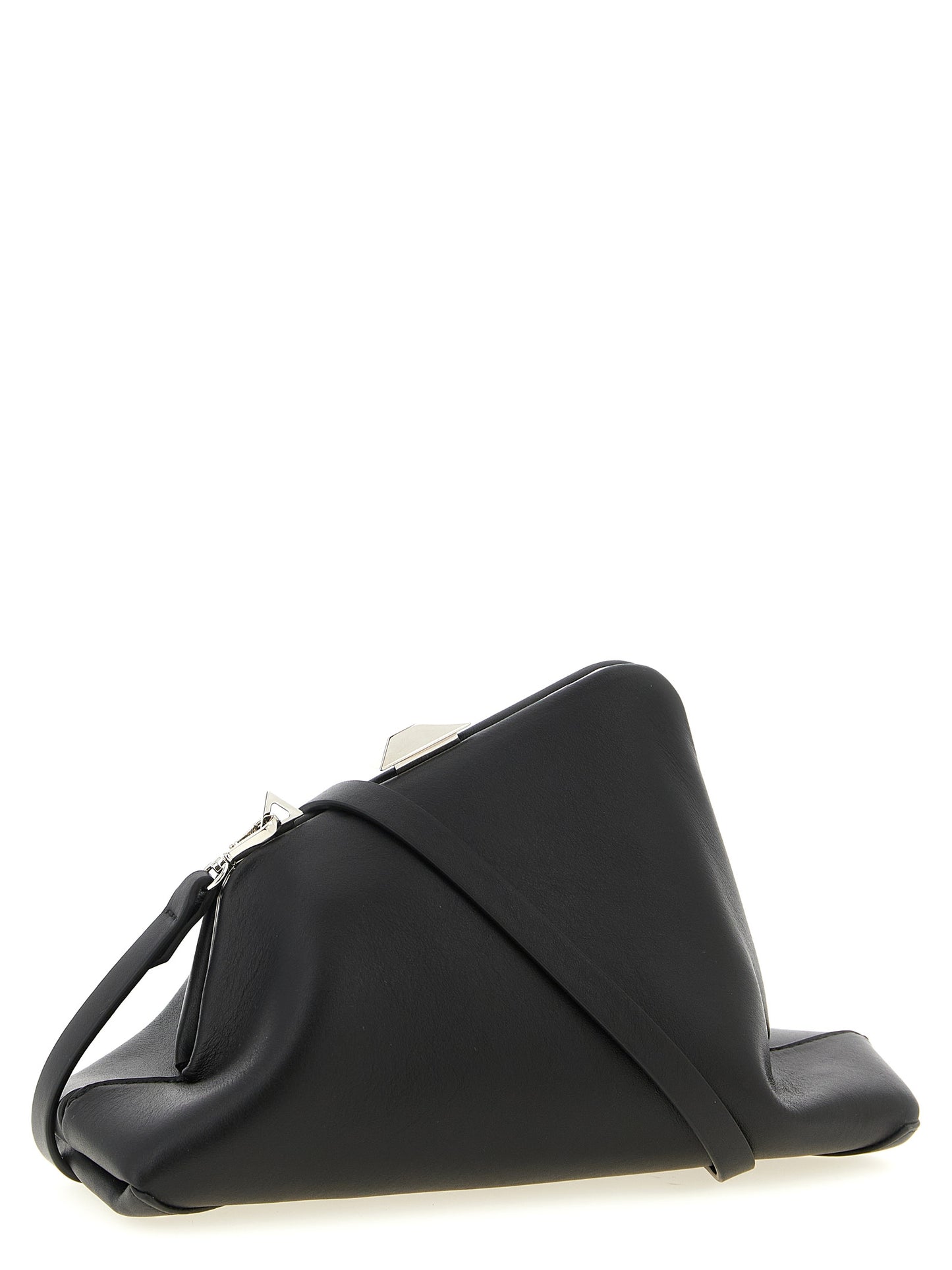 Small Evening Clutch Handbag by The Attico for women in calfskin leather black features a statuesque silhouette, showcasing a secure snap and organized with versatile shoulder-strap & adjustable-strap for statuesque evening wear.