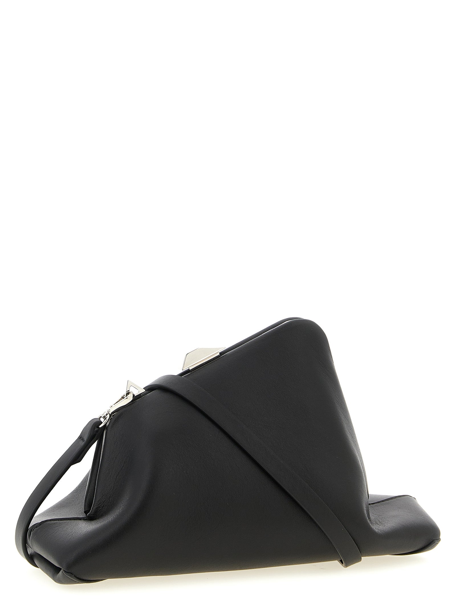 Small Evening Clutch Handbag by The Attico for women in calfskin leather black features a statuesque silhouette, showcasing a secure snap and organized with versatile shoulder-strap & adjustable-strap for statuesque evening wear.