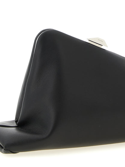 Small Evening Clutch Handbag by The Attico for women in calfskin leather black features a architectural silhouette, showcasing a secure snap, ample , and versatile shoulder-strap & adjustable-strap for a architectural finish.