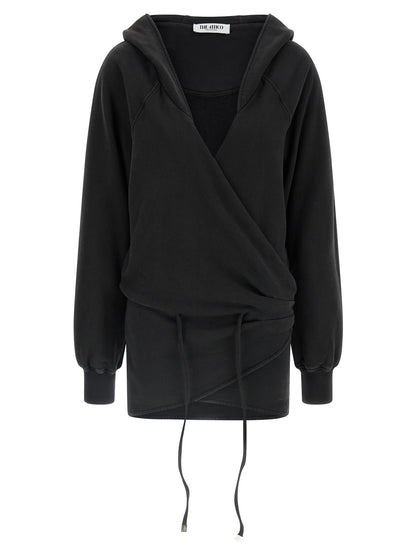 Dress by The Attico for women in cotton black features a dramatic silhouette, showcasing an elegant v-neck hooded neckline and that flows into a dramatic short mini.