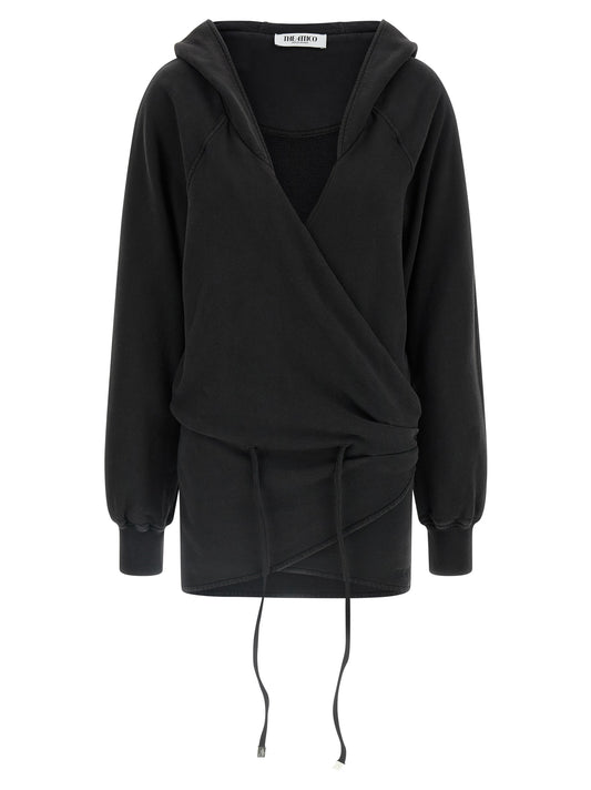 Dress by The Attico for women in cotton black features a dramatic silhouette, showcasing an elegant v-neck hooded neckline and that flows into a dramatic short mini.